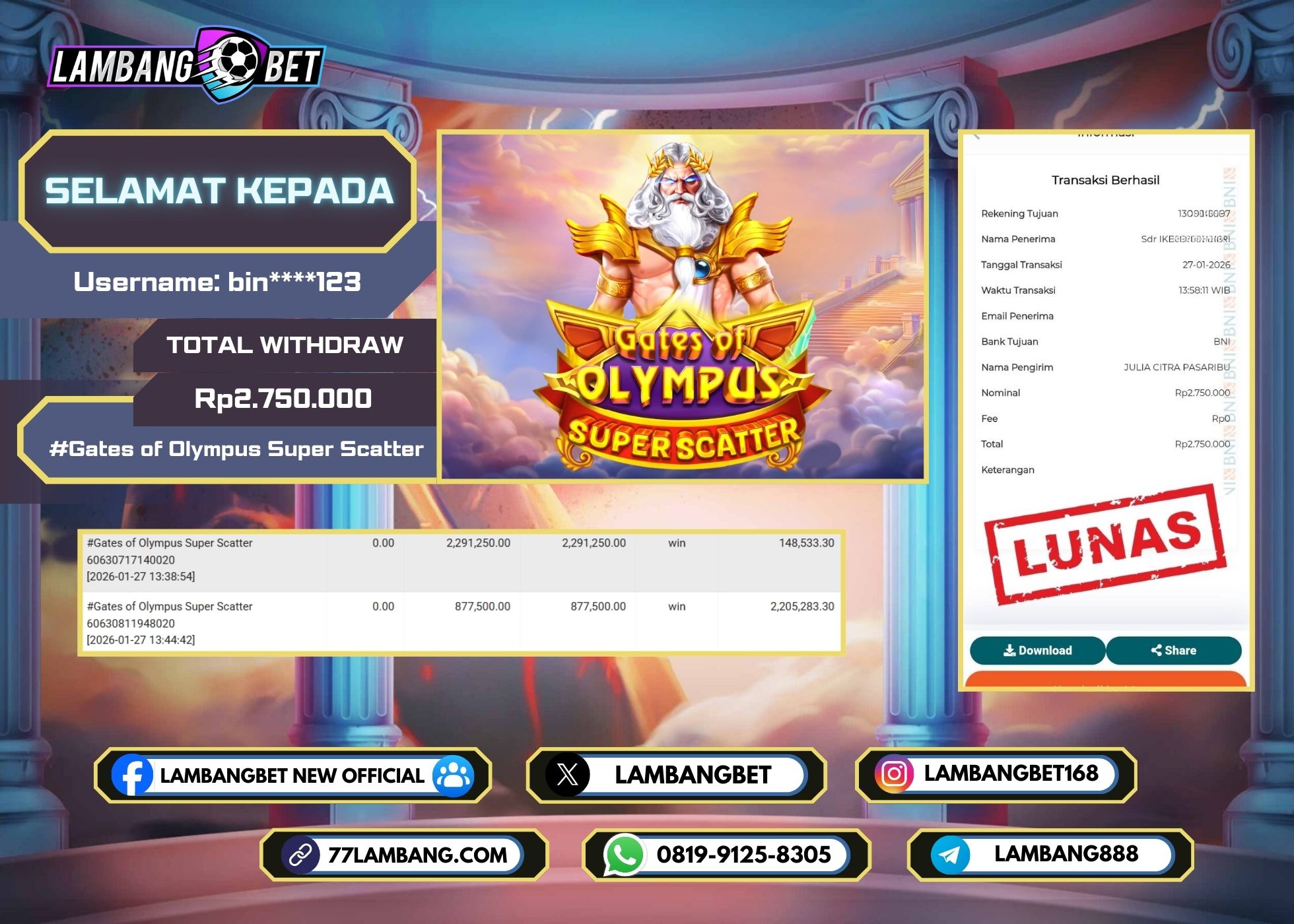 LAMBANGBET [27 JANUARI 2025] JACKPOT SLOT Gates of Olympus Super Scatter "Rp2.750.000" LUNAS